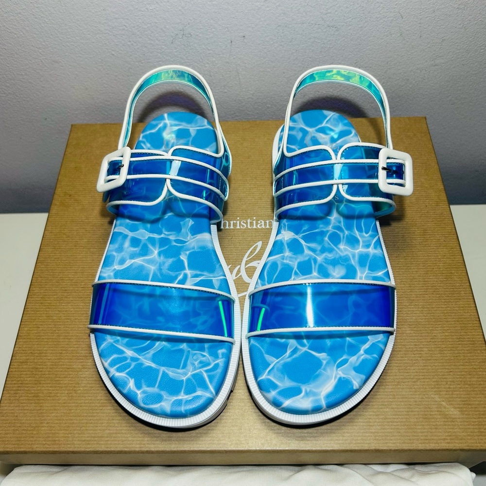NEW CHRISTIAN LOUBOUTIN DUNISS COOL SANDALS IRIDESCENT BLUE/WHITE LUG SOLE SZ 37 - Picture 3 of 16